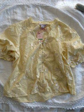 Nanette Lepore Pale Yellow Floral Eyelet Top with Pink Ribbon